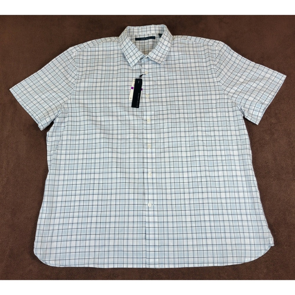 Perry Ellis Mens XXL Short Sleeve Button Down Shirt White Blue Check 4BMW7018PS
